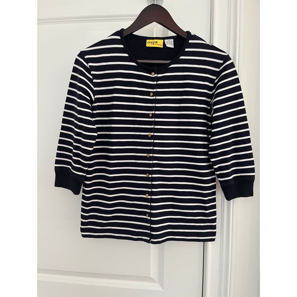 Onque Casuals cardigan Sz. S 100% cotton black white 3/4 sleeve